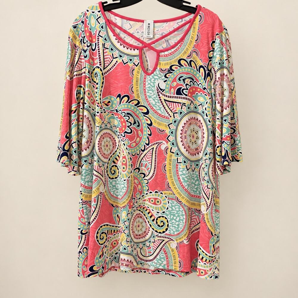 R Rouge USA 2XL Coral Paisley Blouse Strappy Keyhole Bell Sleeve Boho Plus